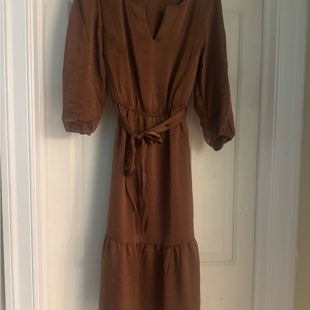 Lucky Brand Rust Brown Midi Dress with Tie Waist